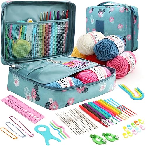 Abizarch Kit de 59 ganchos de ganchillo para adultos principiantes, kit de inicio de tejido para adultos, mango ergonómico de agarre suave, kits de