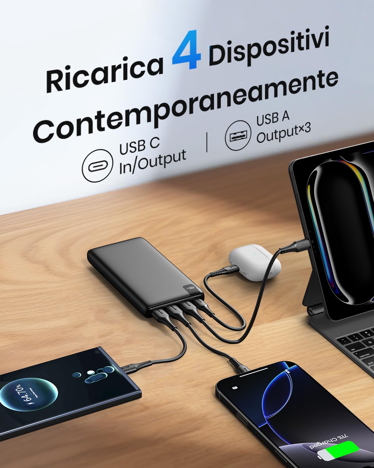 Fandealo-Power-Bank-26800mAh-Batteria-Esterna – PD QC 3.0 22.5W USB-C Ricarica Rapida Caricabatterie Portatile con 4 Uscite & Display LED, Caricatore Portatile per Telefoni, Tablet