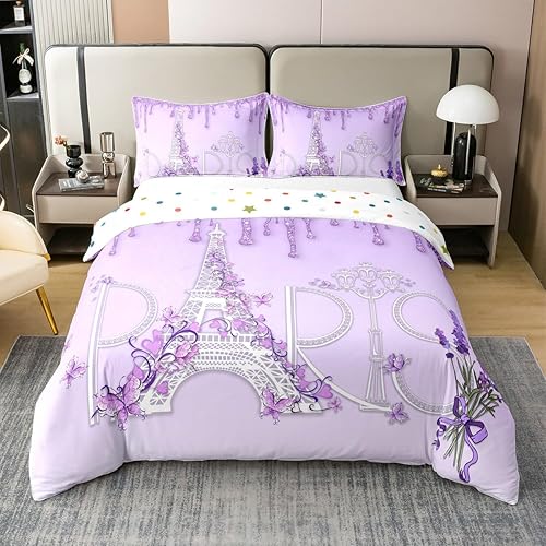 Juego de funda de edredón de algodón 100% natural de la Torre Eiffel, tamaño completo, degradado morado y blanco con purpurina, juego de ropa de