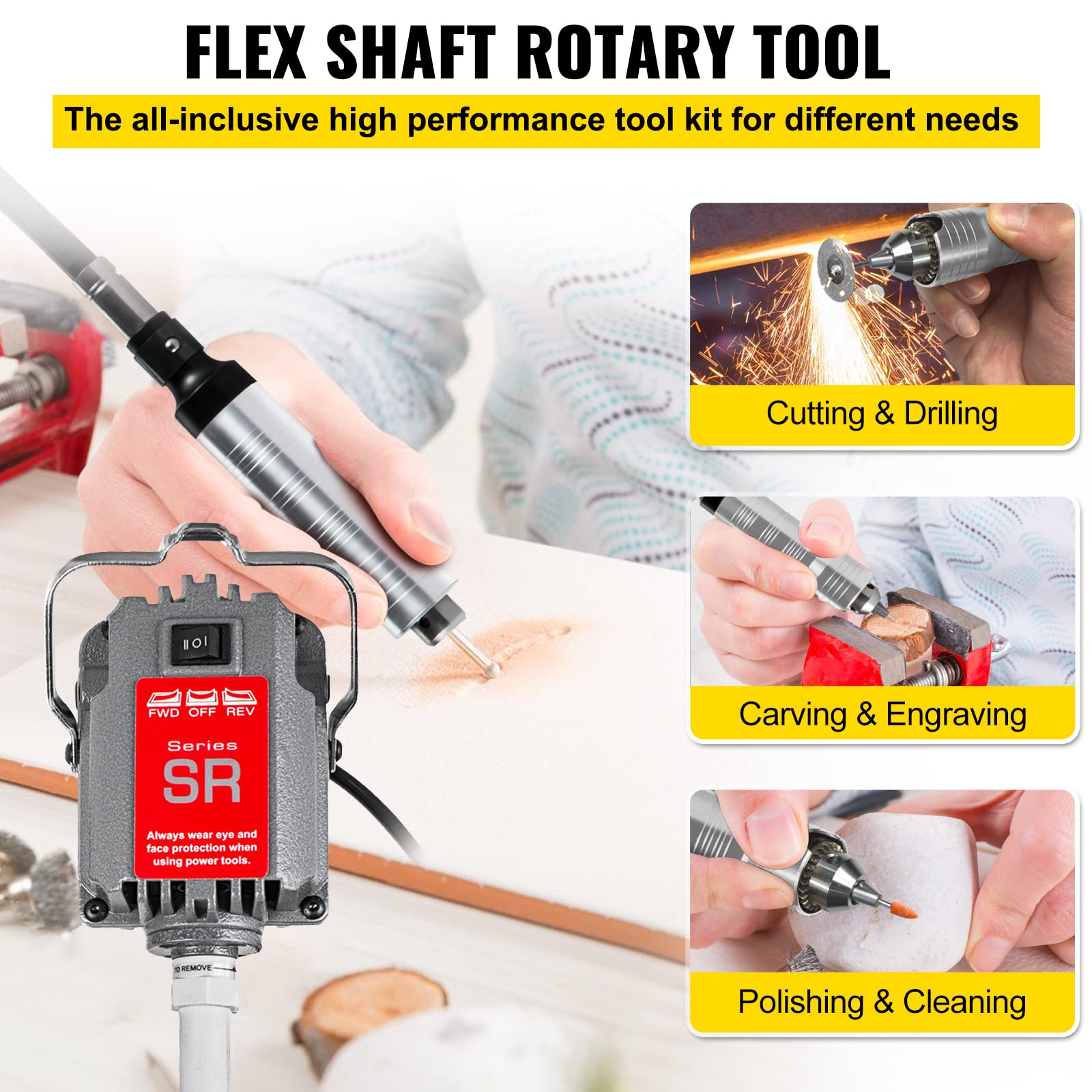 VEVOR Mulino Flessibile Sospeso SR 230w, Albero Motore Flessibile per Incisione SR con Preciso Mandrino a Tre Griffe, con Motore in Rame Puro, per Riparazione, Perforazione, Molatura, Lucidatura