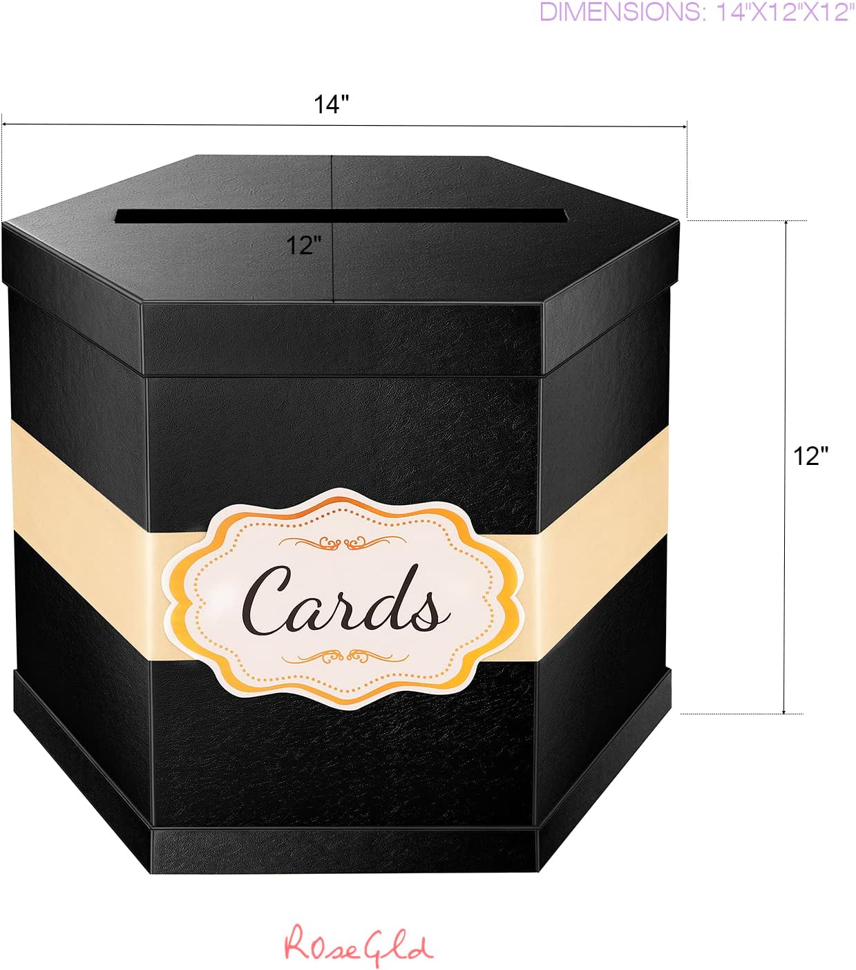 ROSEGLD Card Box, Card Receiving Box with Ribbon 14x12x12 Inches, Elegant Card Box Holder for Wedding, Graduation, Birthday, Baby Shower, Engagement (Black)
