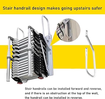 2.25m Folding Pull Down Attic Stairs,9 Steps Wall Mounted Loft Ladder, Retractable Loft Ladder with 2 Handrails, Capacity 350KG, Attic Stairs for Storehouse/Basement/Indoor/Attic (9 Steps)