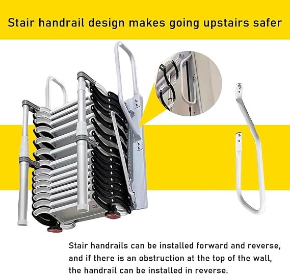 2.25m Folding Pull Down Attic Stairs，9 Steps Wall Mounted Loft Ladder, Retractable Loft Ladder with 2 Handrails, Capacity 350KG, Attic Stairs for Storehouse/Basement/Indoor/Attic (9 Steps)