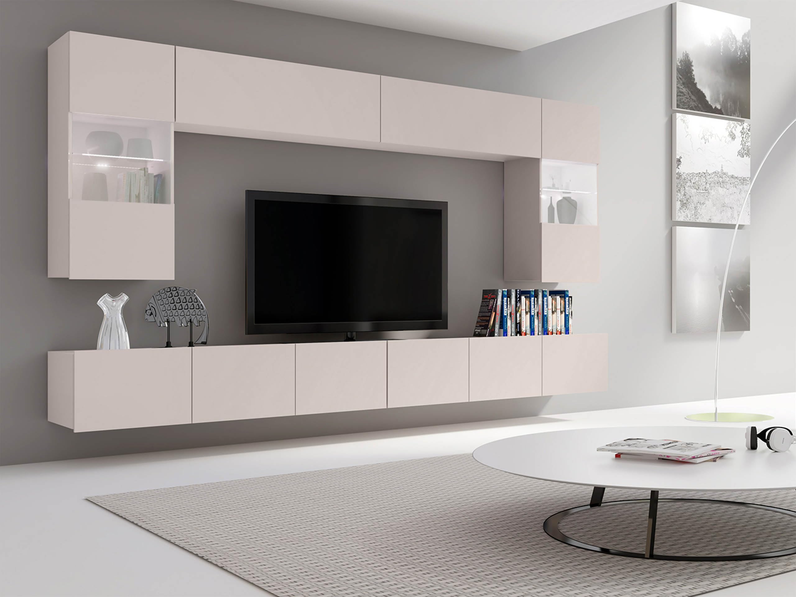 Mirjan24 Moderne Wohnwand Calabrini I, Anbauwand, Mediawand, Hängevitrine, TV Lowboard, Wandregal, Wohnzimmerschrank, Fernsehschrank (mit weißer LED Beleuchtung, Cashmere)