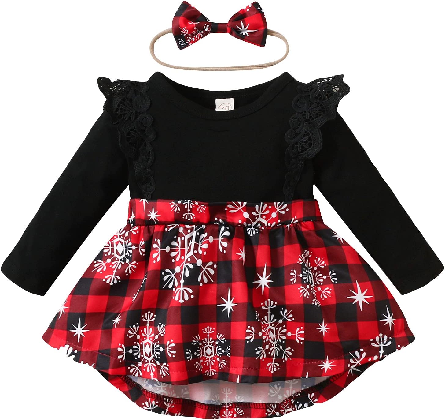1st Christmas Outfit Newborn Baby Girl Flutter Lace Long Sleeve Top Floral Skirt Bodysuit Xmas Dress Headband