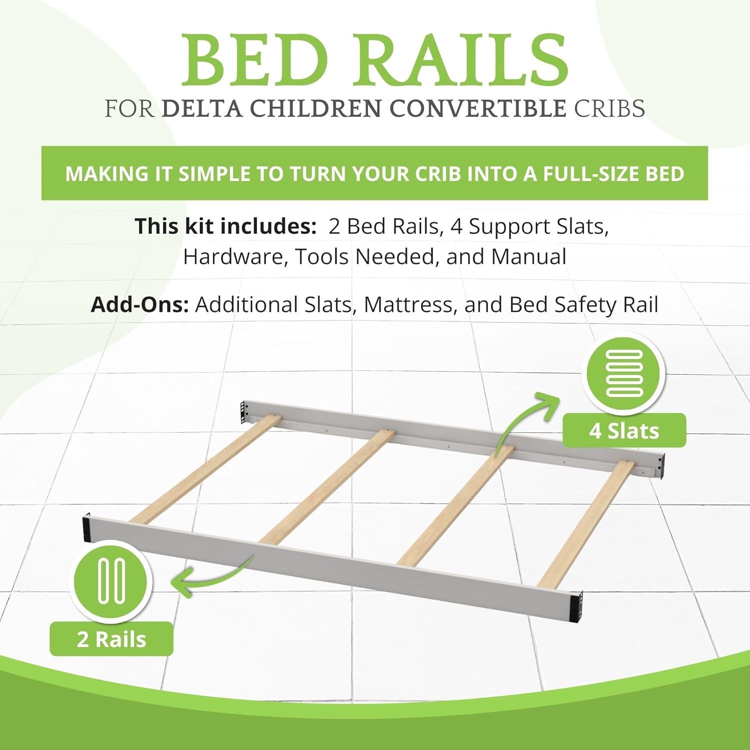 Full-Size Conversion Kit Bed Rails Compatible with Delta Children Convertible Cribs - Solid Wood Rail #0050 - Toddler and Adult Bed Rail for Full-Size Beds - Baby Furniture (Moonstruck Grey - 1351)