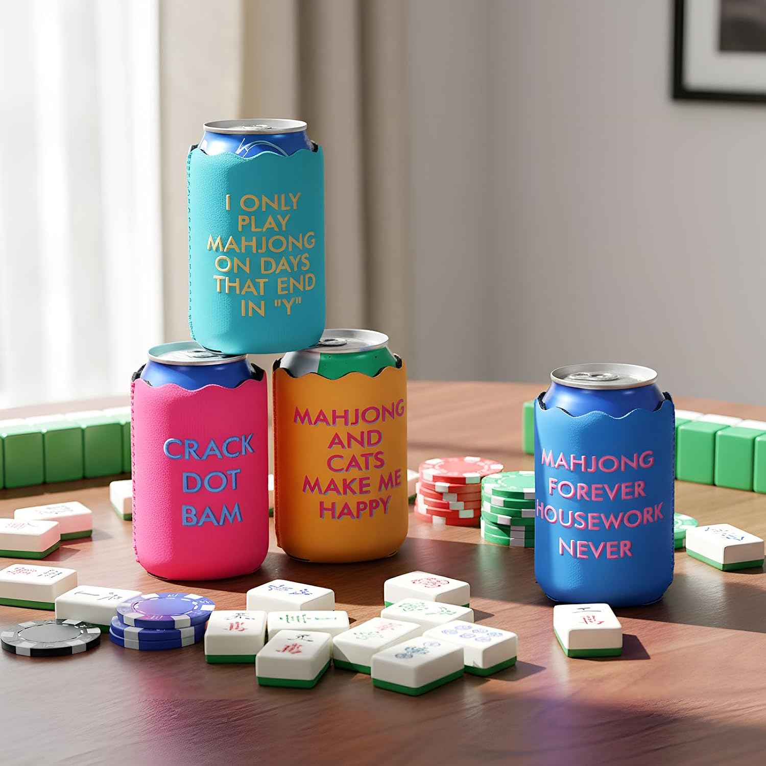 Chengu 12 Pcs Mahjong Party Can Coolers Sleeves with Funny Sayings Colorful Wavy Edges Can Coolers for Soda & Beer Game Night Mahjong Accessories Gifts Party Supplies Decorations image 3