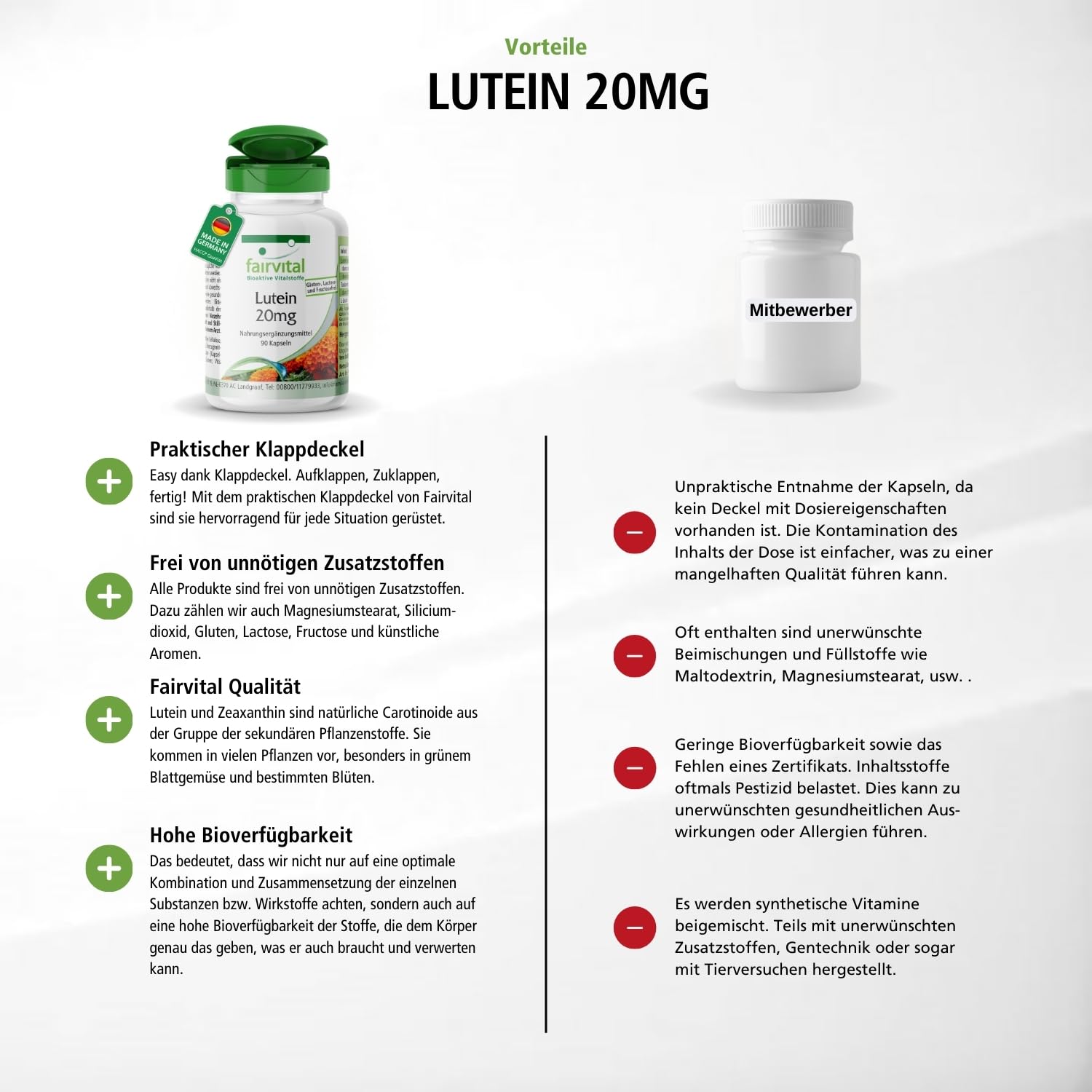 fairvital Lutein 20mg + Zeaxanthin, 90 Kapseln, schluckfreundlich, Hochdosiert & mikroverkapselt, VEGAN, ohne Magnesiumstearat