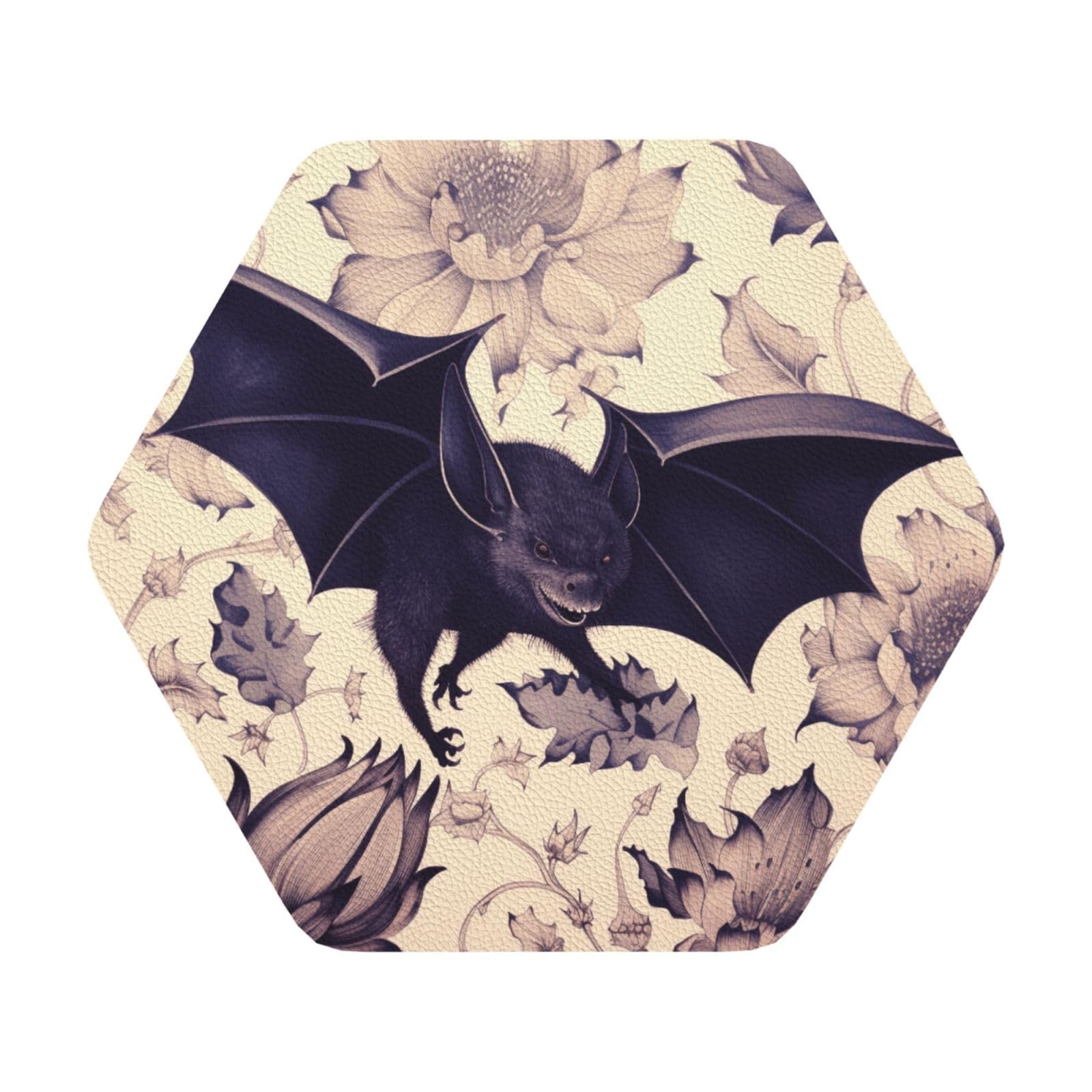 Bat Print Print Leather Coaster Set of 6, Hexagon Coasters Table Decorative Coffee Cup Beverage Coasters Wine Beer Bar Coasters for Hot Drinks Table Protection
