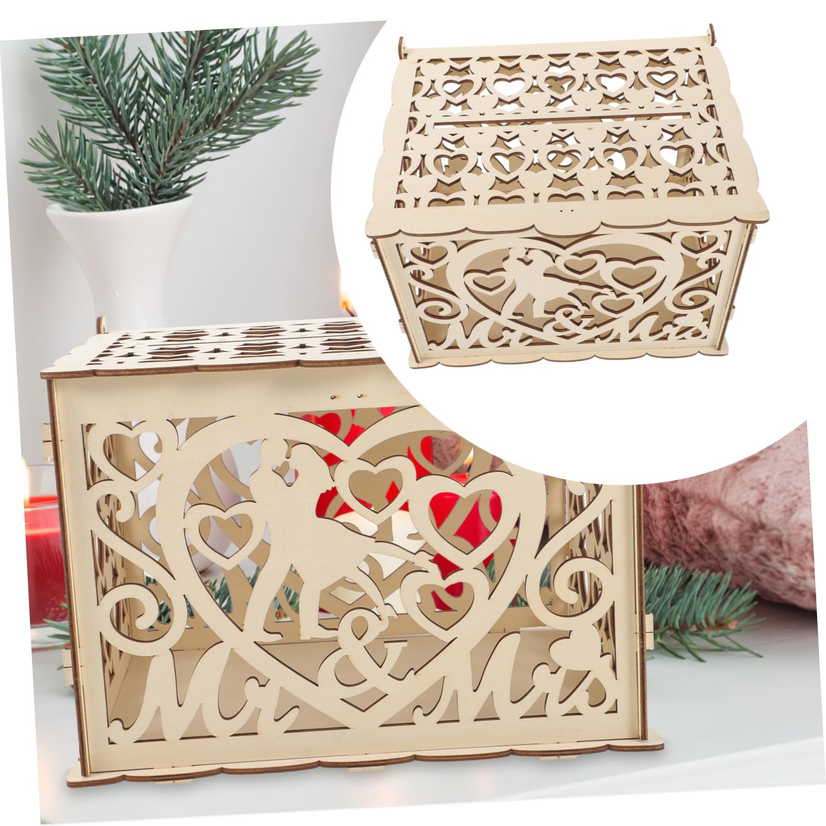 VICASKY 2 Stück Rustikale Holz Kartenbox Hochzeit mit Filigranem Herzschnitt Dekorative und Umschlagbox Multifunktionale Aufbewahrung für Geldgeschenke Karten und Kleine Erinnerungen