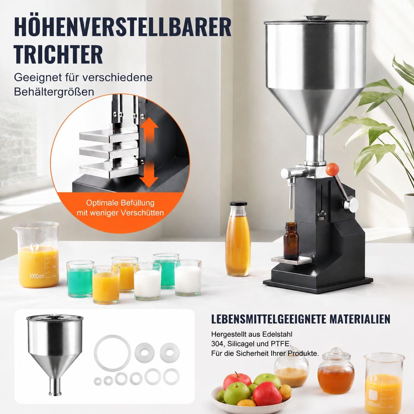 Manuelle Abfüllmaschine für Flüssigkeiten und Pasten, verstellbarer Flaschenfüller mit Trichter, Edelstahl, für Milch, Wasser, Saft, ätherisches Öl, Shampoo, Honig, Kosmetikcreme