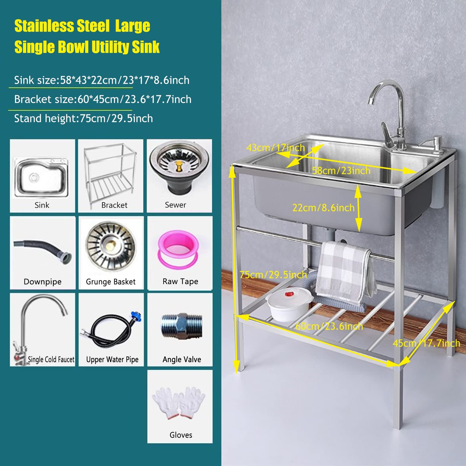 Fregadero Portatil,Mueble Fregadero,fregadero de pie libre Fregadero de cocina de acero inoxidable comercial,Con Agua Fria y Caliente Grifo, para Garaje, Jardín, Cocina, Lavadero (Color : Single cold