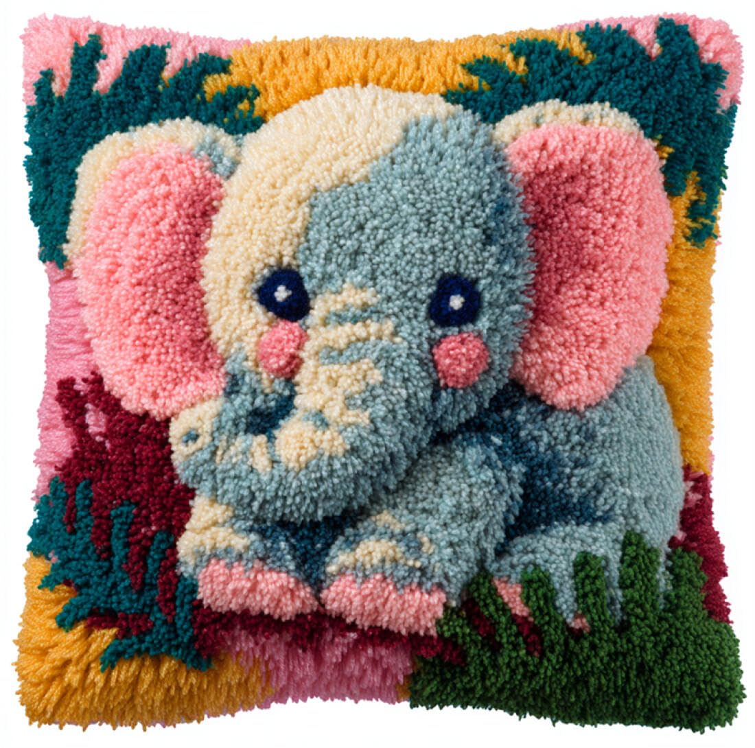 Kitquiver Animal Cushion Making Kit Cartoon Elephant Latch Hook Kit Pillow DIY Rug Crochet Hook Cushion Making Kits with Preprinted Pattern Canvas 17x17In