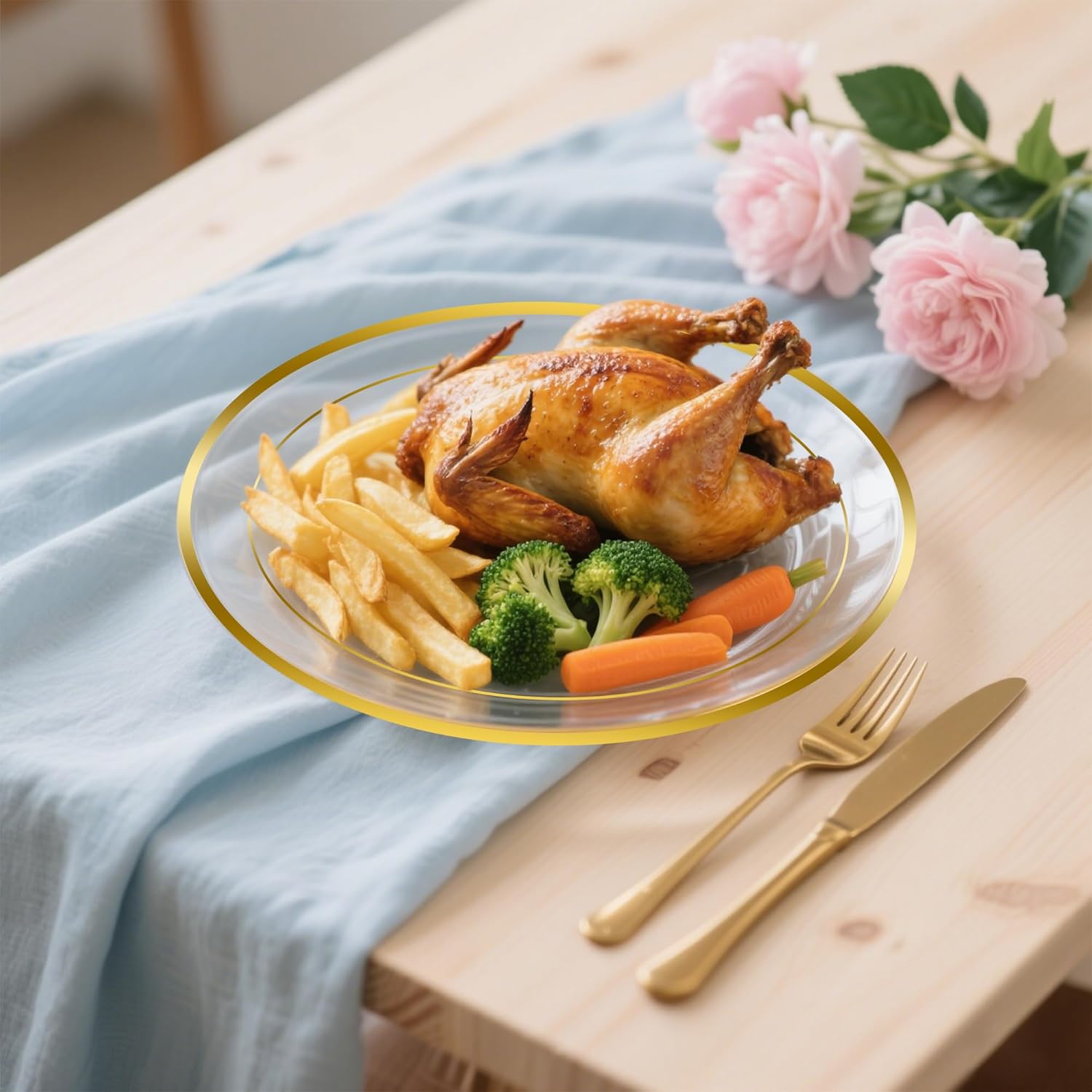 200 PCS Clear Gold Plastic Plates, Gold Rimmed Disposable Party Plates Include 100 Dinner Plate and 100 Dessert Plate Perfect for Party, Holiday, Birthday, Wedding