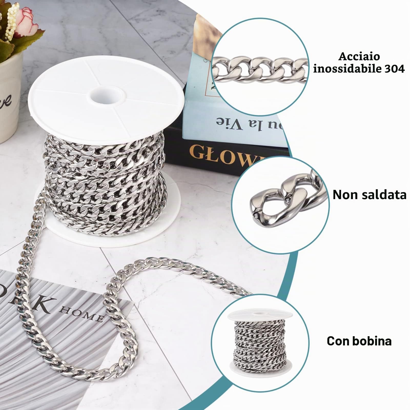 Catena a maglia barbazzale, 13 x 10 mm, non saldata, 10 m/rotolo, per la realizzazione di collane, gioielli e accessori fai da te