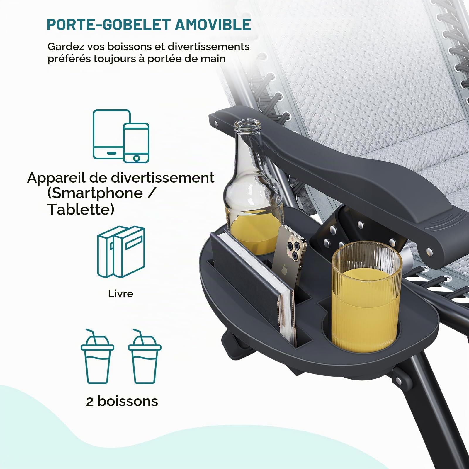 ATORPOK SHOP Chaise longue pliante avec toit pare-soleil, appui-tête et porte-gobelet pour jardin, piscine et plage (gris)
