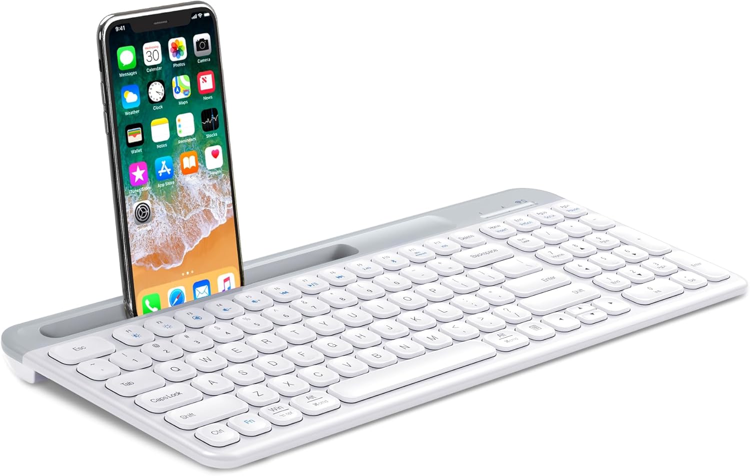 PopBloom K580 Multi-Device Slim Wireless Bluetooth Keyboard, Built-in Cradle for Device; for Laptop, Tablet, PC, Smartphone, Win/Mac- Pure White