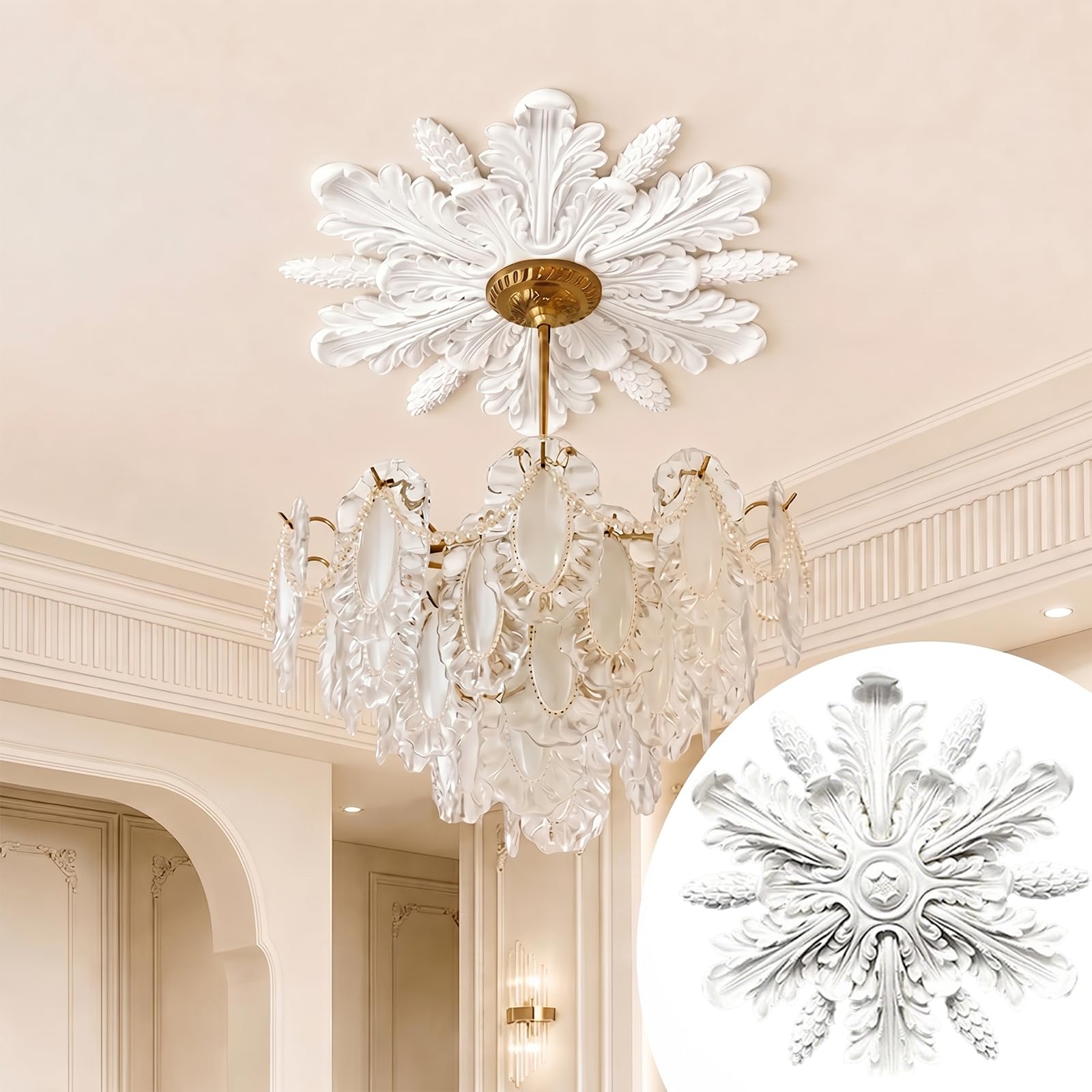 CBBEONRN PU White Ceiling Medallion Round Home for Light Fixtures And Ceiling Fans White,28cm OD