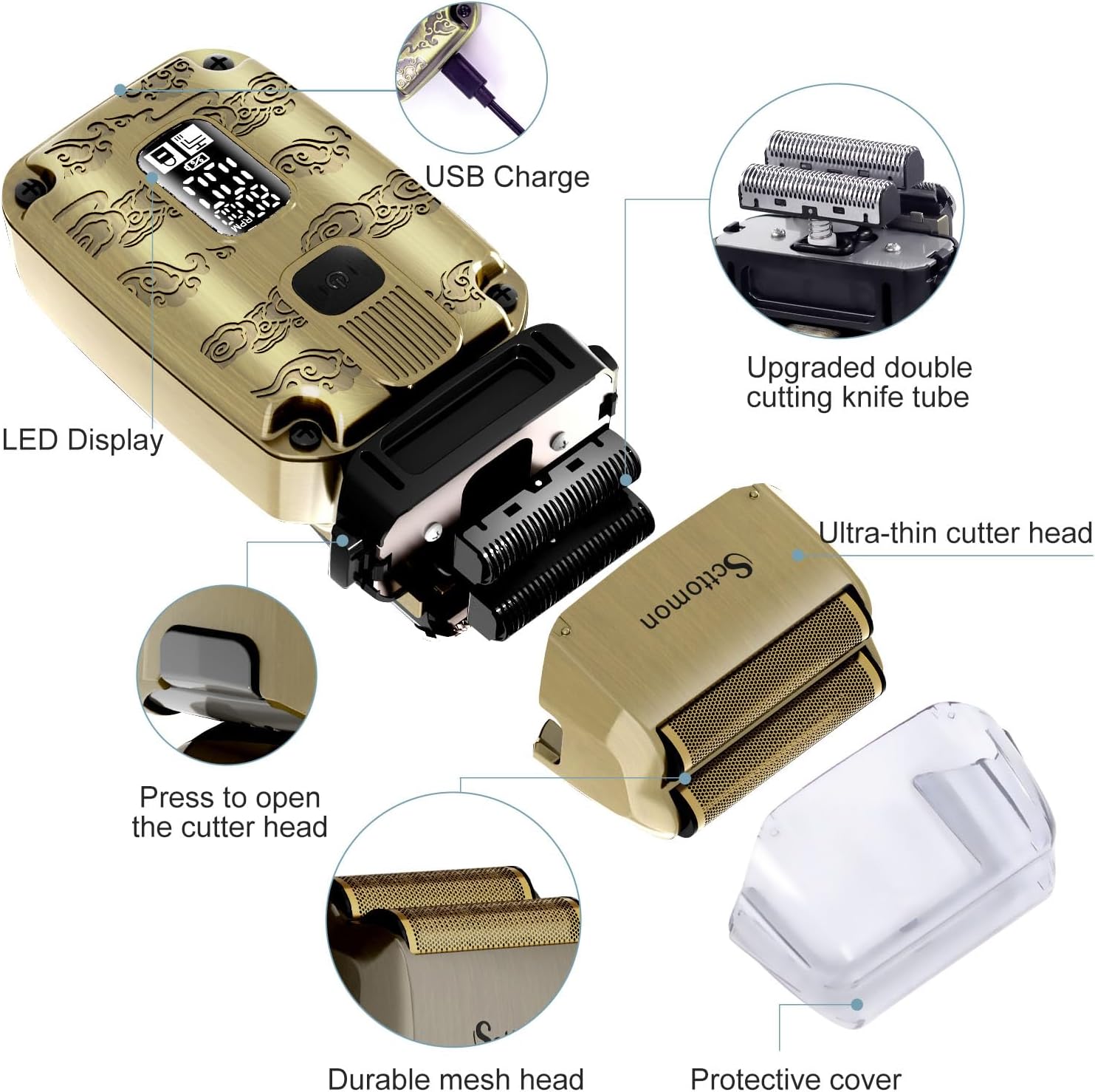 Exploded view of Scttomon HT-933 shaver showing internal components and detachable head