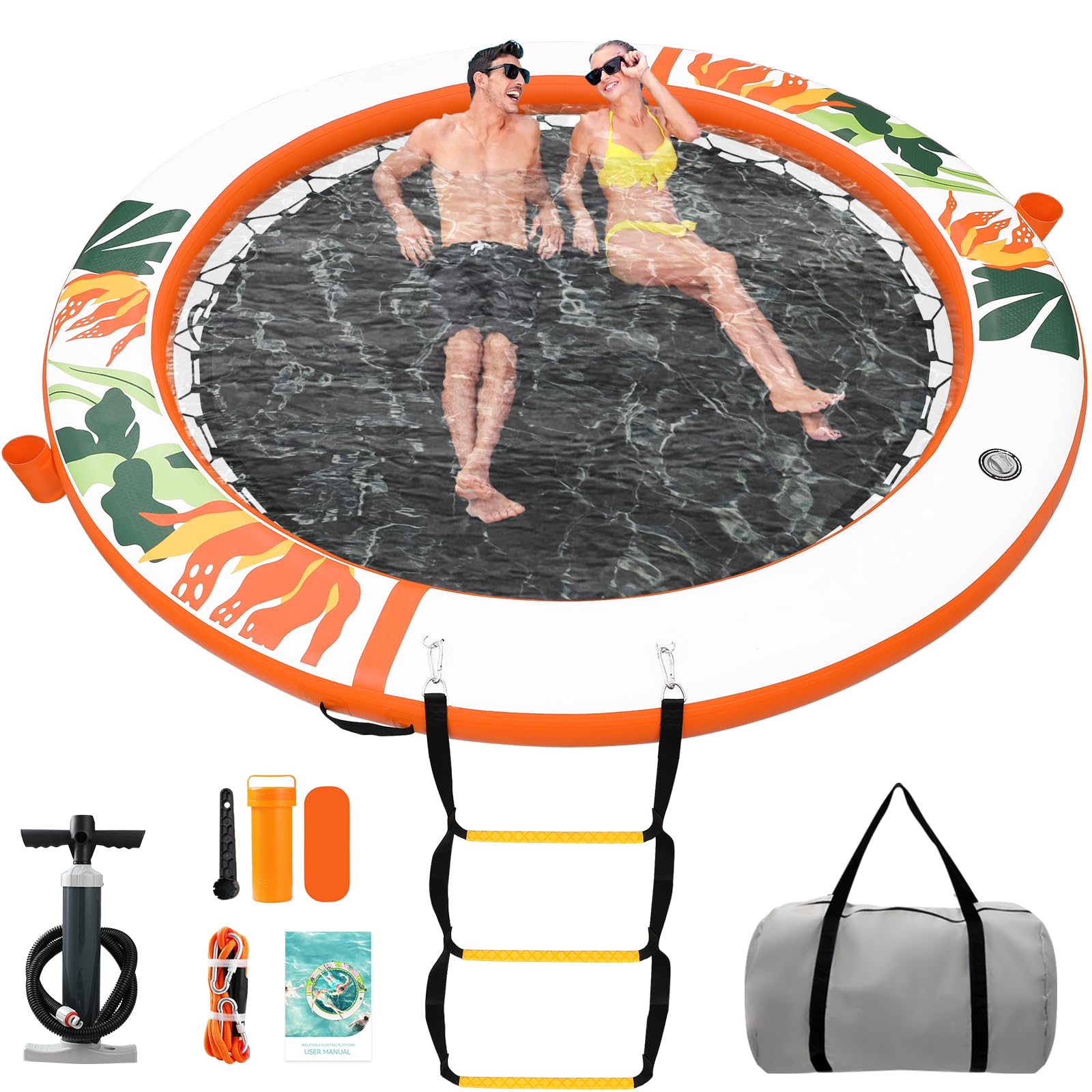 Plataforma Flotante Inflable Colchoneta Piscina 240 cm, Anillo Sunchill, Floating Yoga Dock Isla Flotante Hamaca Acuática Flotador Reposera con Escalera y Portavasos