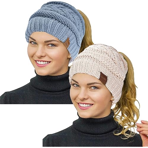 Rosoz 2 Pack Ponytail Beanie for Women,Winter Warm Beanie Tail Soft Stretch Cable Knit Messy High Bun Hat
