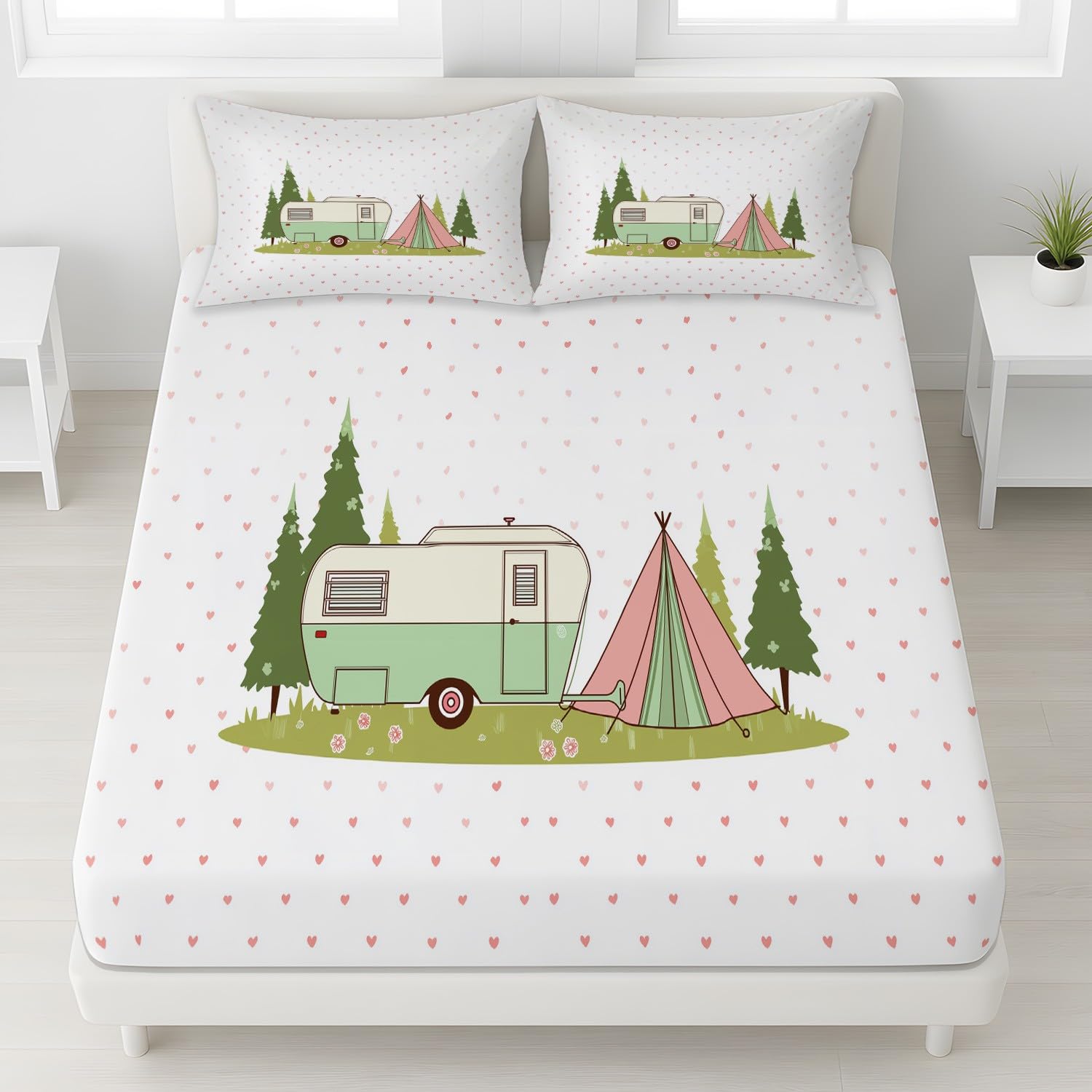 Fun Camping - Juego de sábanas bajeras de tamaño Super King, 30 cm de profundidad, acogedor, con diseño de lunares, microfibra cepillada suave, resistente a la decoloración, transpirable, 180 x 200 cm