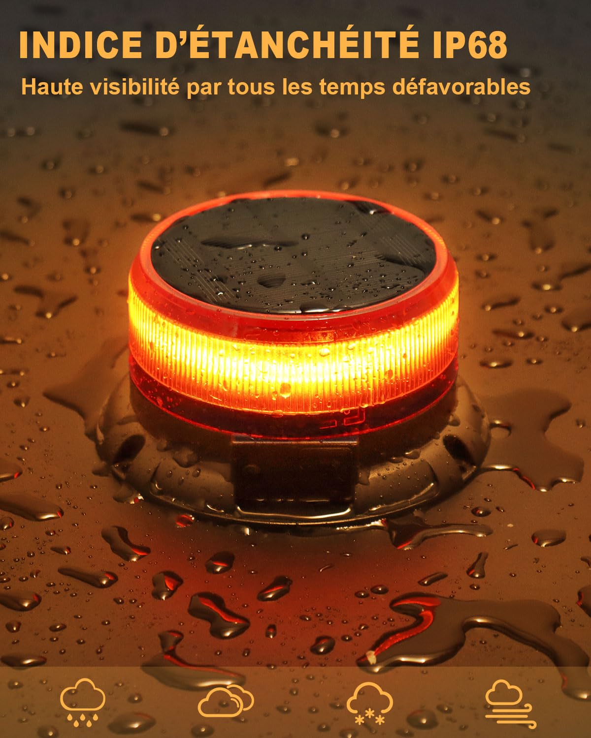 Dinfu Gyrophare LED Sans Fil solaire 9 motifs clignotants 12V 24V, lampe d'avertissement LED jaune avec chargeur de voiture et câble USB pour voiture, camion, tracteur, voiture de golf, SUV