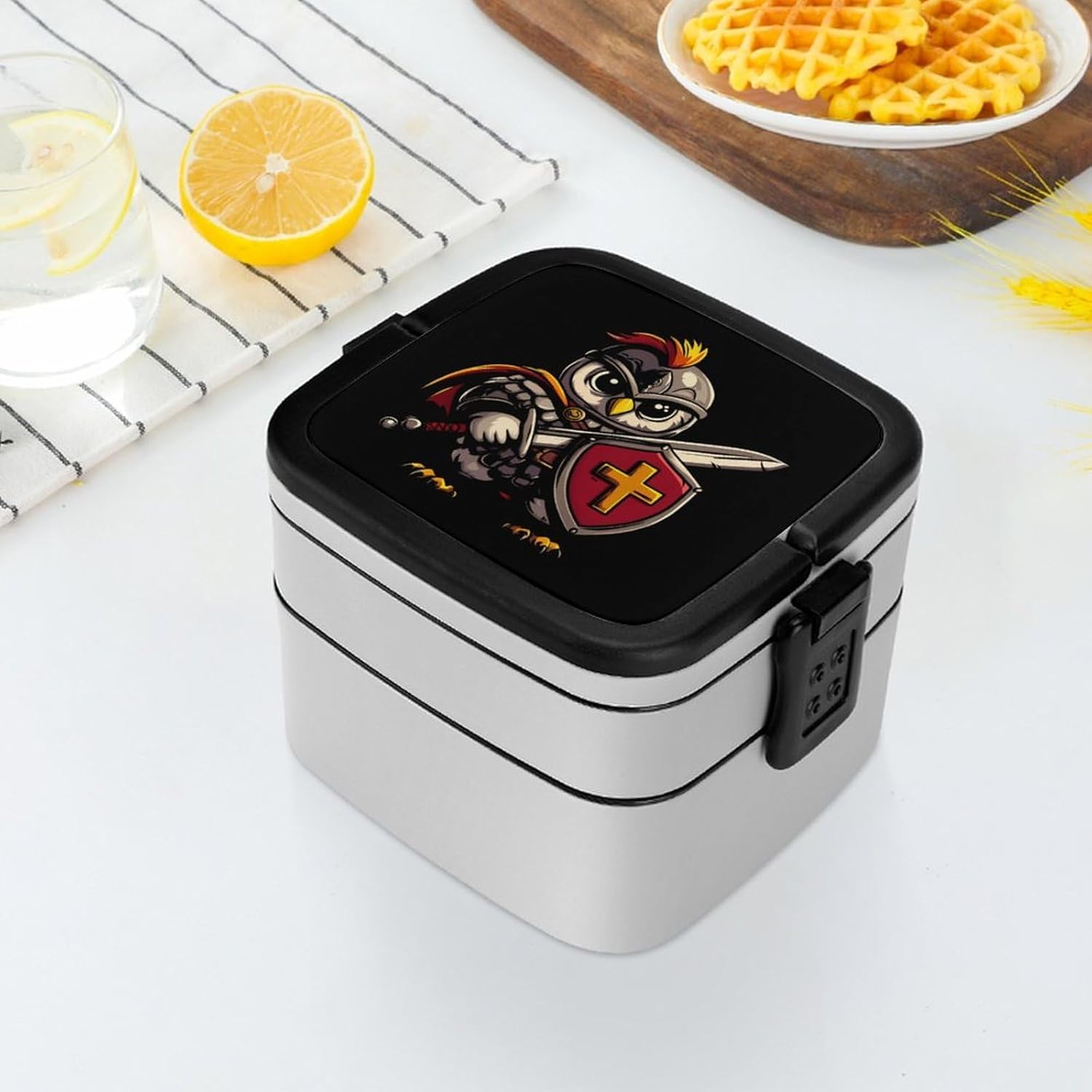 Owl Knightes Bento Box with Spoon 2 Layer Food Container Cute Lunch Box for Travel Dining Work
