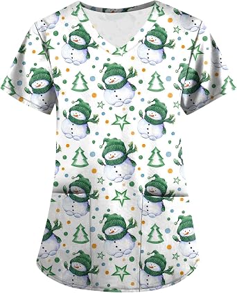Christmas Scrubs Tops for Women Plus Size Stretchy Short Sleeve V Neck Snowman Printed Nurse Scrub Medical Uniform