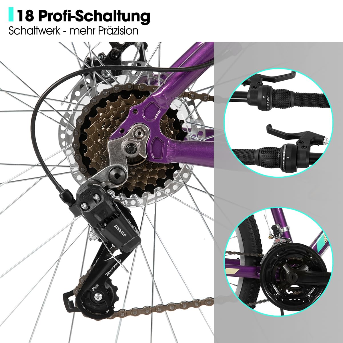 HILAND Mountain Bike Donna 26/27,5”, Telaio in Alluminio, MTB 18 Velocità per Donna e Ragazza, Freni a Disco Doppi, Forcella Ammortizzata, Verde Menta/Viola