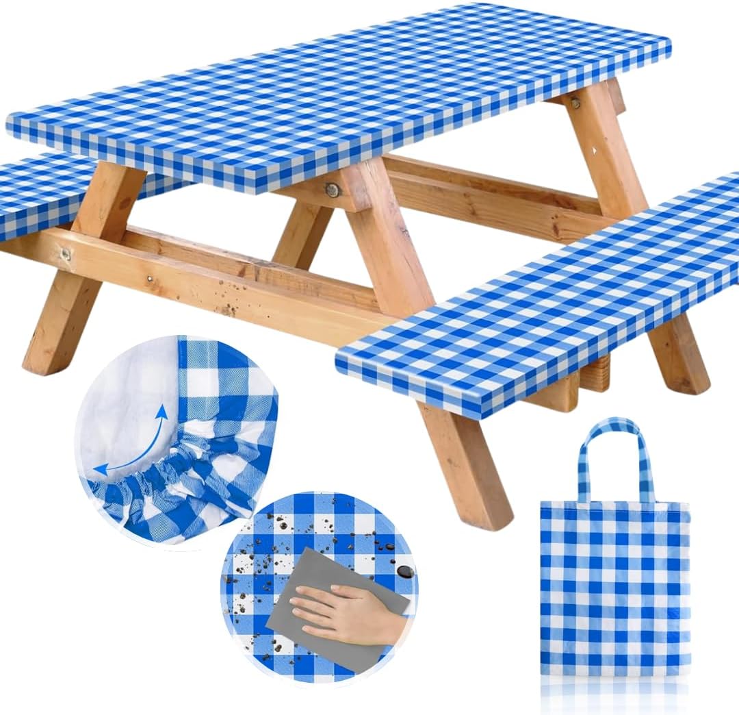 Vinyl Fitted Picnic Table Cover with Bench Covers and Bag