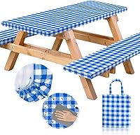 Vista 1 de RNOONY Mantel de vinilo ajustable para mesa de picnic con fundas de banco y bolsa, mantel de picnic impermeable para exteriores de 6 pies con bordes