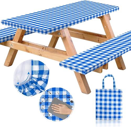 RNOONY Mantel de vinilo ajustable para mesa de picnic con fundas de banco y bolsa, mantel de picnic impermeable para exteriores de 6 pies con bordes