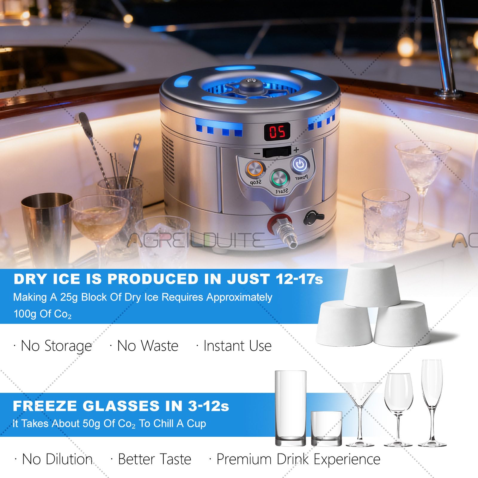 Máquina De Hielo Seco Y Enfriador De Vasos Profesional, Equipo De Bar 2 En 1 para Presentaciones De Cócteles, Enfriador De Copas De Vino Y Cerveza para Restaurantes, Yates Y Bares