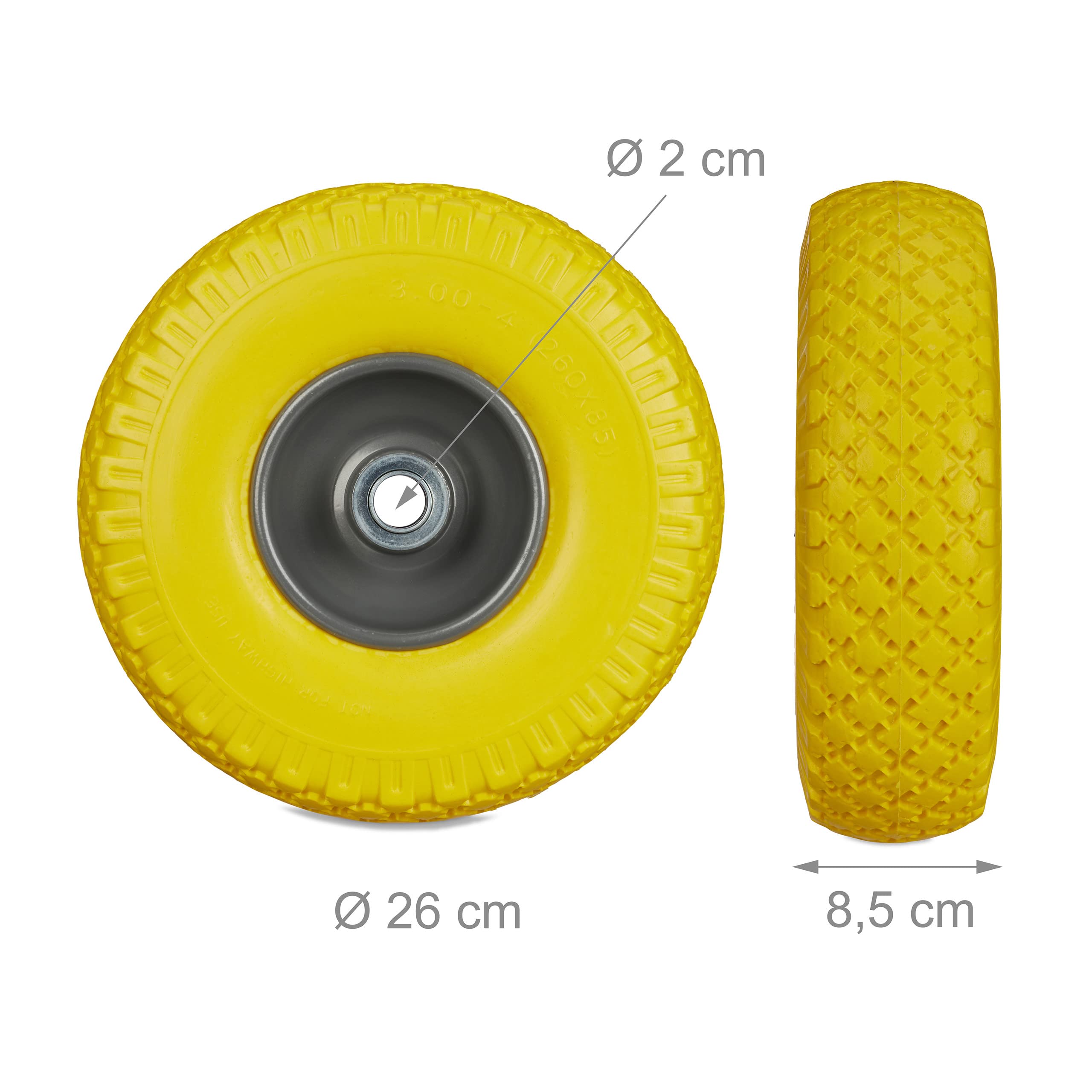 8 x Sackkarrenrad, pannensichere Vollgummireifen, 3.00-4" Stahlfelge, 20mm Achse, 100kg, Ersatzrad 260x85mm, gelb-grau