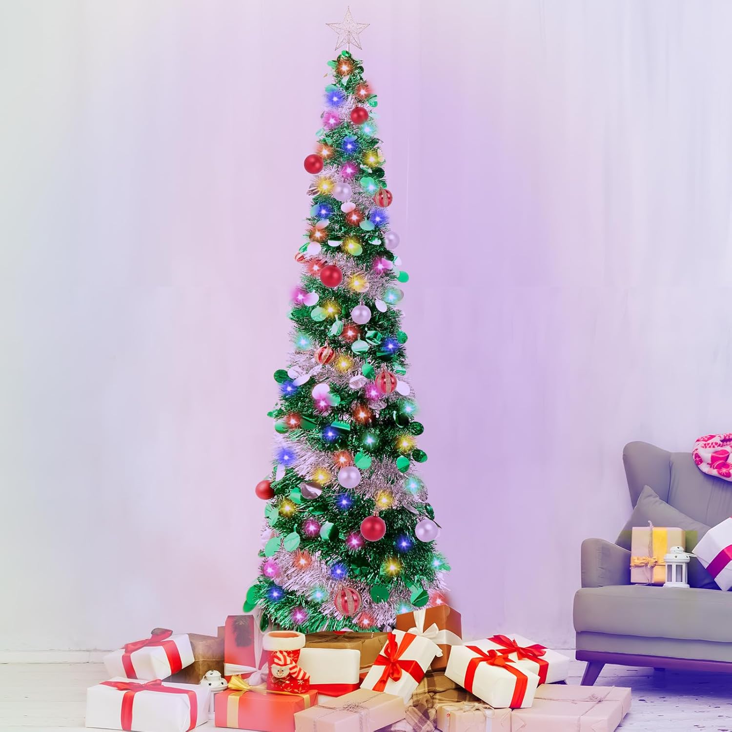 6FT Pop Up Christmas Tinsel Tree - Collapsible Colorful Sequin Artificial Christmas Pencil Trees with Top Star, 15 Christmas Balls, 100 Lights for Xmas Decorations (Green with Silver)