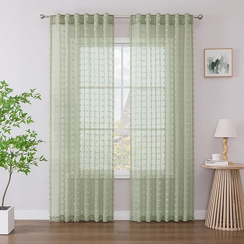 Sage Green Farmhouse Boho Curtains 96 Inches Long for Living Room Bedroom Green Decor Pom Pom Design Sheer Window Treatments Curtain with Back Tab Rod Pocket,Balance Privacy Light Green，W52xL96
