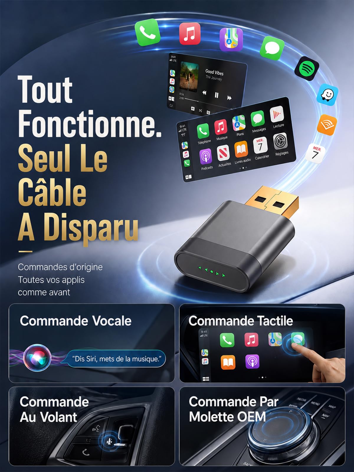 Mini Adaptateur CarPlay sans Fil pour Apple/Android Auto, Connexion Rapide, Android Auto sans Fil pour GPS Portable Voiture, sans Latence & Surchauffe, Compatible avec iPhone (iOS 10+) et Android 10+
