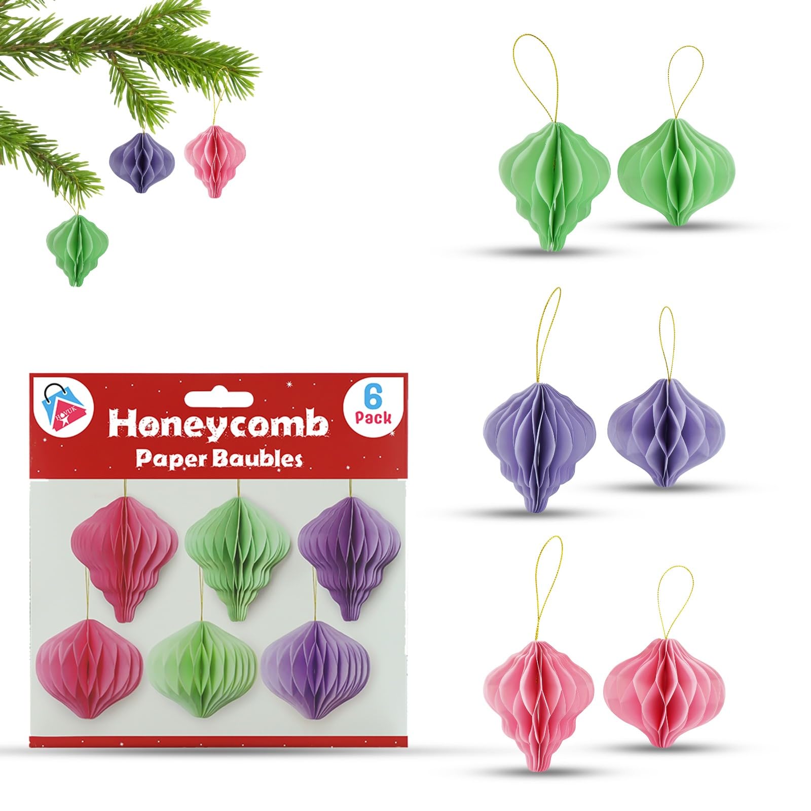 SRV Hub 6PCs Honeycomb Paper Baubles - Pastel Christmas Baubles, Pink Green Purple Lantern Shape Hanging Ornaments, Reusable Flower Pendants for Holiday Party, Xmas New Year Decorations