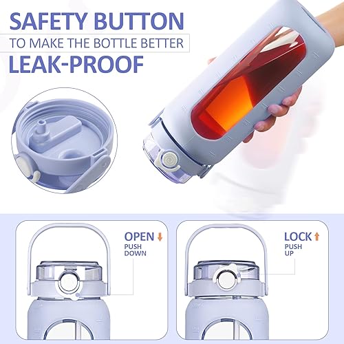 Miniatura 4 de BLUEGO Botellas de agua de vidrio de 56 onzas con marcador de tiempo y pajilla, botella de agua motivacional grande de medio galón, con funda de