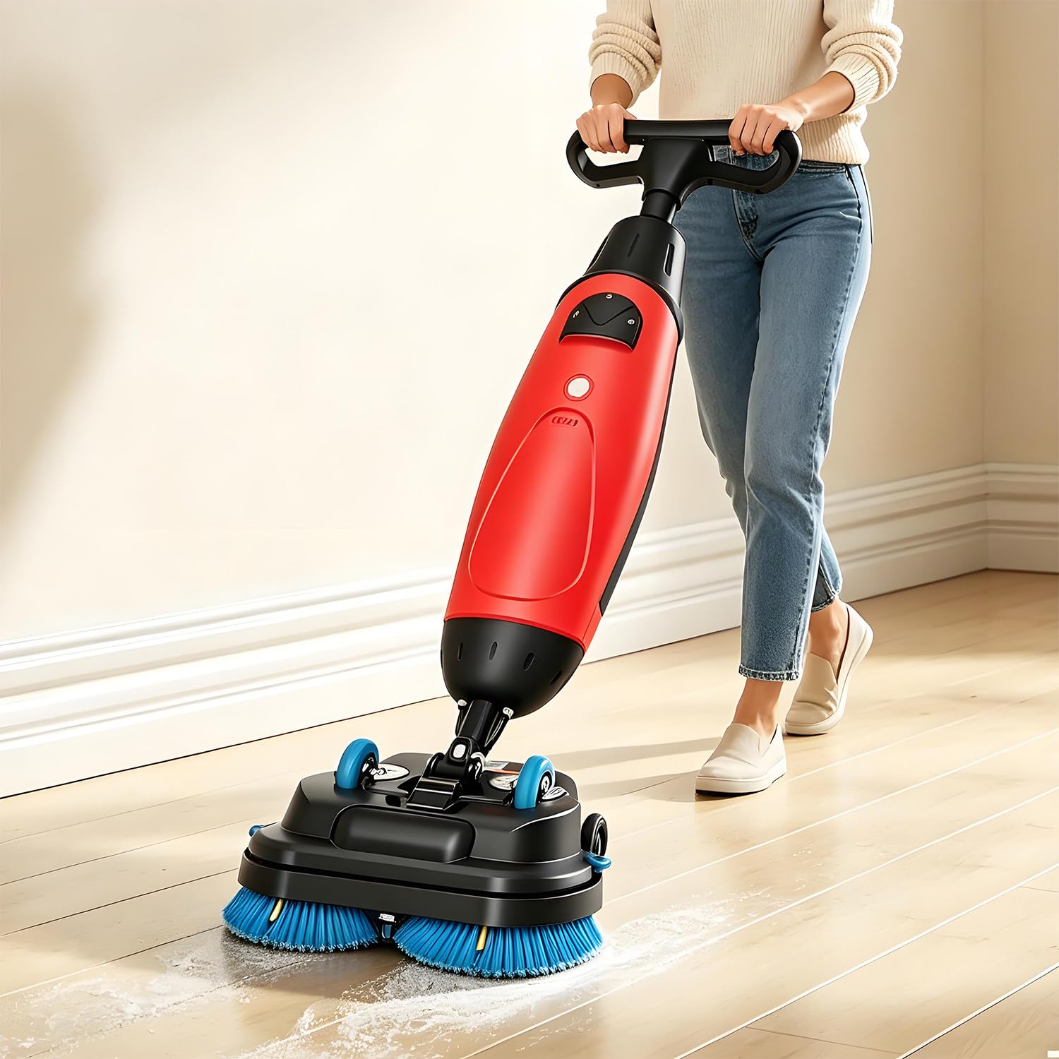 Bodenreinigungsmaschine, 360° Gewerbliche Scheuersaugmaschine, Doppelbürsten-Design, 45 cm Reinigungsbreite, Mit 4,5 L Klarwassertank Und 7,5 L Schmutzwassertank, 1200 M²/H Red