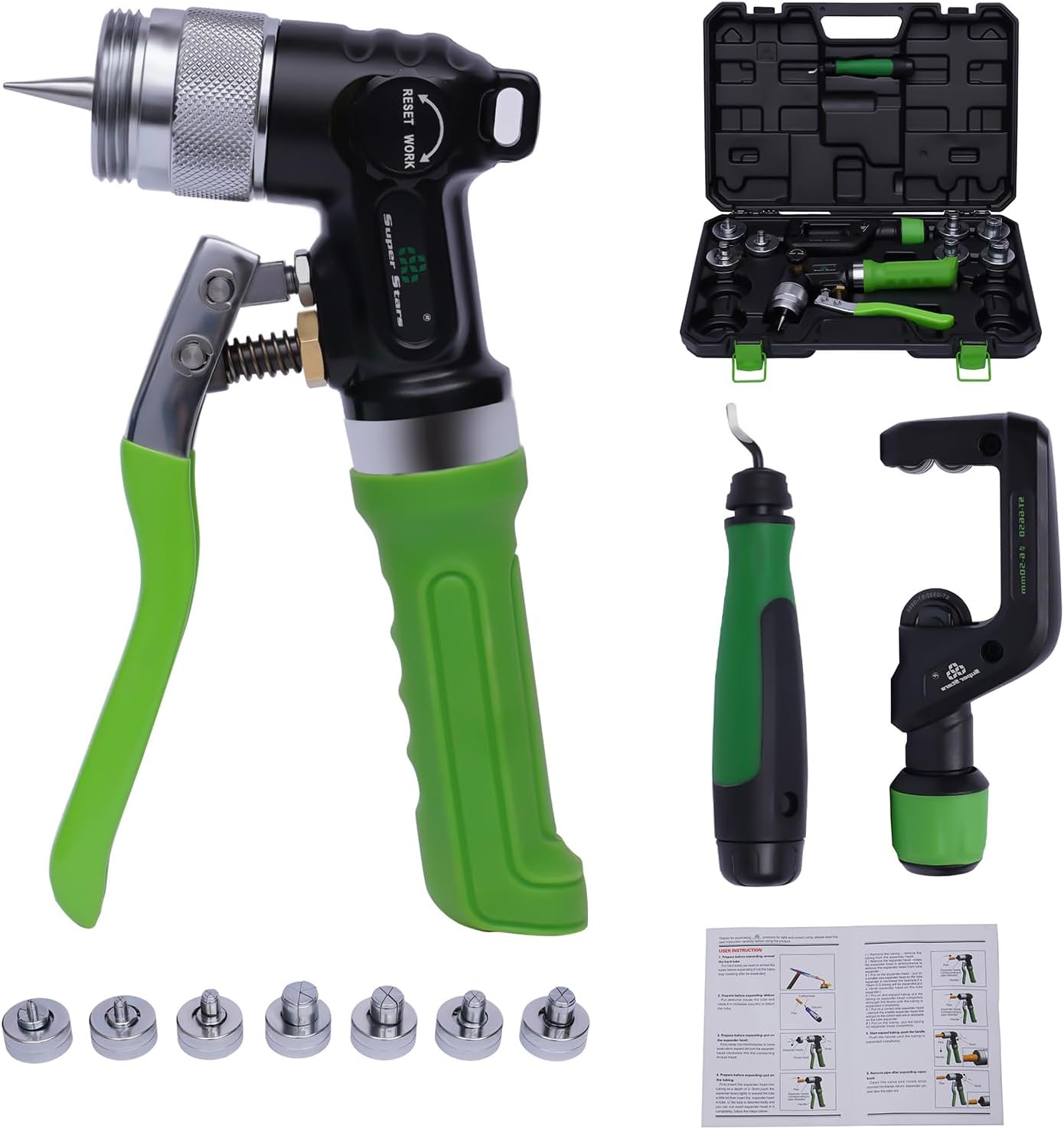 Hydraulic Swaging Tool Kit Portable Copper Pipe Tube Expander with Deburring Tool & 7 Expander Heads Efficient Cutting Expanding Tool for 3/8 to 1-1/8 in Aluminum Copper Pipes