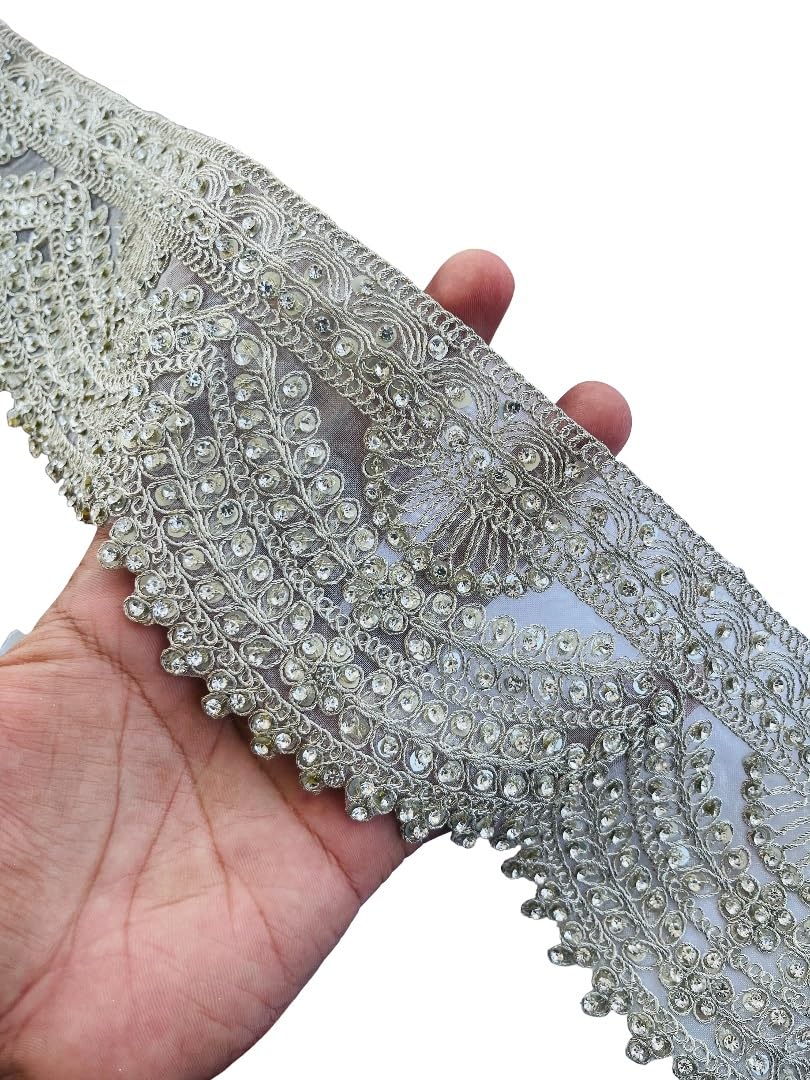 Dentelle avec strass cristal argenté 9.5cm galon festonné applique mariage