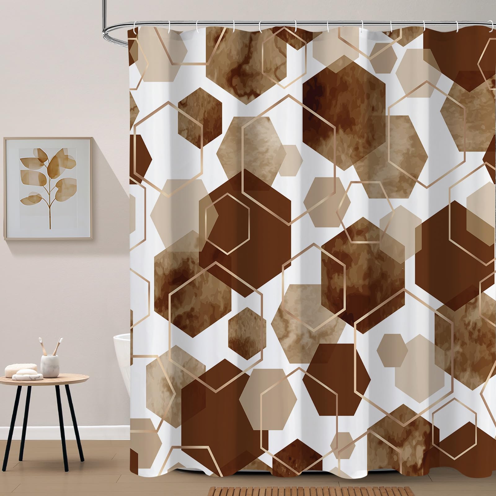 Litabel Brown and Grey Modern Shower Curtain for Bathroom, Geometric Art Decor Waterproof Bath Curtain, Abstract Fabric Shower Curtain Sets for Home