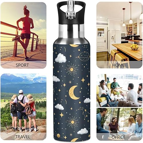 Miniatura 5 de Botella de agua aislada de 20 onzas, botellas de agua a prueba de fugas para gimnasio, viajes al aire libre, escuela, lunas doradas, estrellas negras