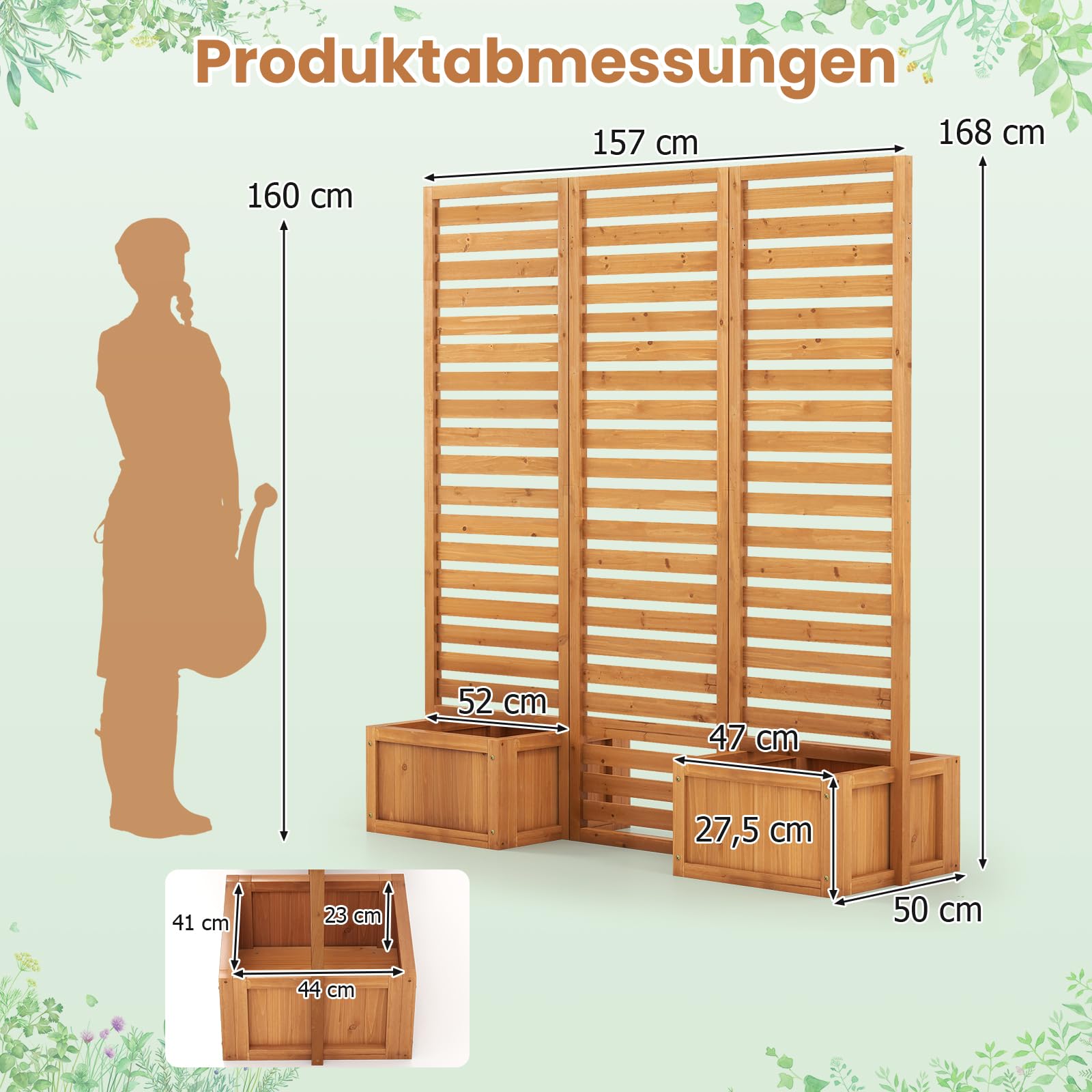 COSTWAY Skrzynka na kwiaty z ochroną przed wzrokiem, podwyższona grządka ze składaną pergolą, 2 skrzynki na rośliny z otworami odpływowymi, drewniana ścianka działowa, pergola ogrodowa na podwórko