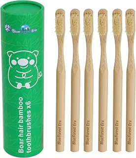 Boar Bristles & Bamboo Toothbrush, Premium Boar Bristle Toothbrush for Adult, Plastic & Nylon Free, Eco-Friendly Natural Biodegradable Compostable Bamboo Tooth Brushes- 6 Pack