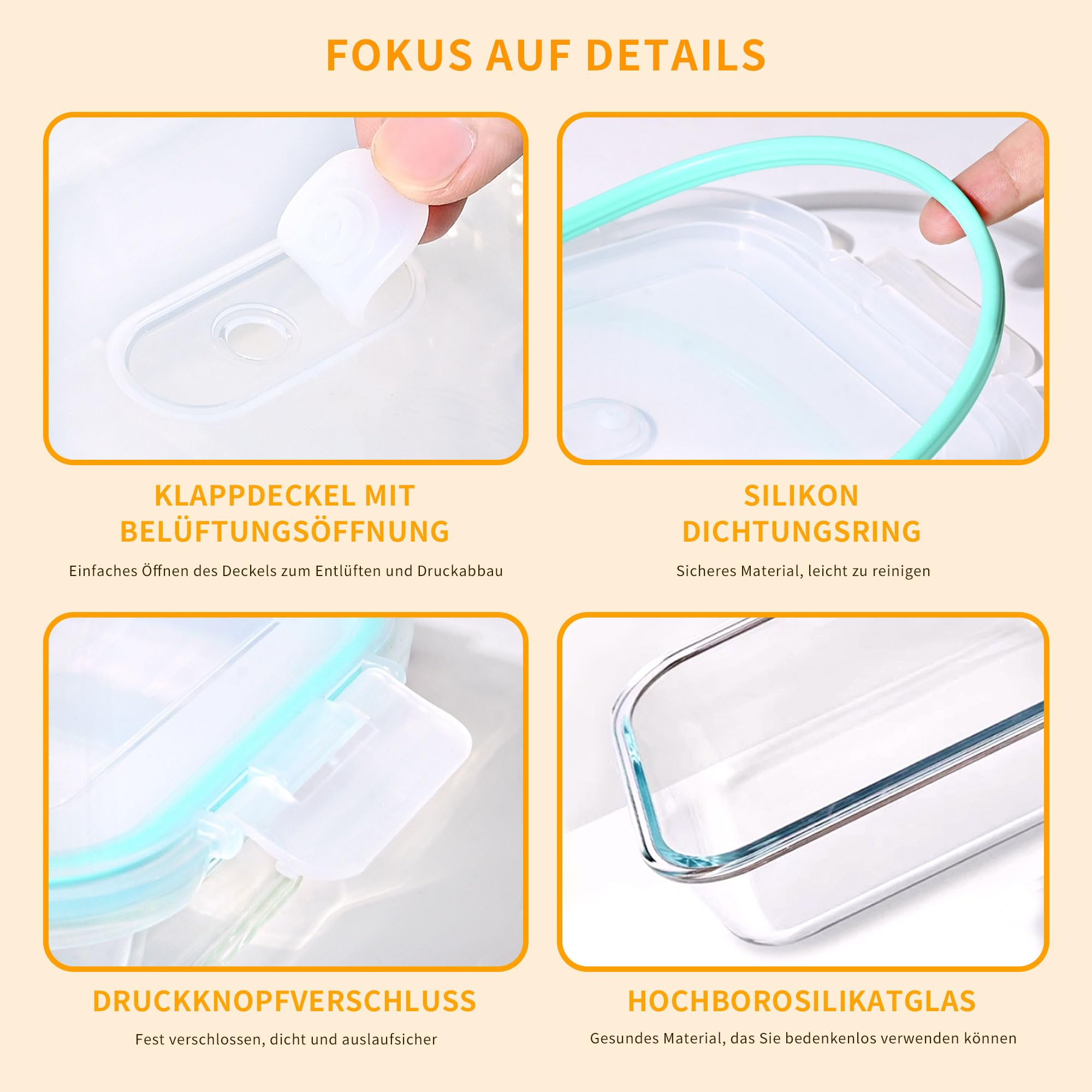 LNWSN Frischhaltedosen Glas mit Deckel 6er, 1520ml Hochtransparente Borosilikatglas Meal Prep Boxen Glas, Hohes Volumen Versiegelter Glasbehälter mit Deckel, Food Container für Profiköche und Bäcker