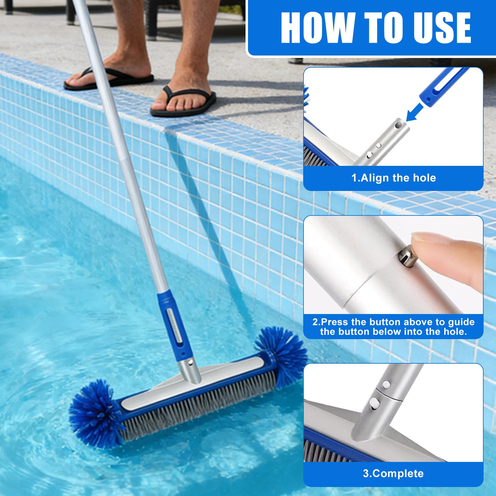Runde Poolbürste, Poolbürste mit Teleskopstange Pool Reinigungs Bürste mit Halbkugelförmigen Borsten, Längenverstellbarer Aluminiumstange, Pool Schrubber für Poolwänden, Stufen