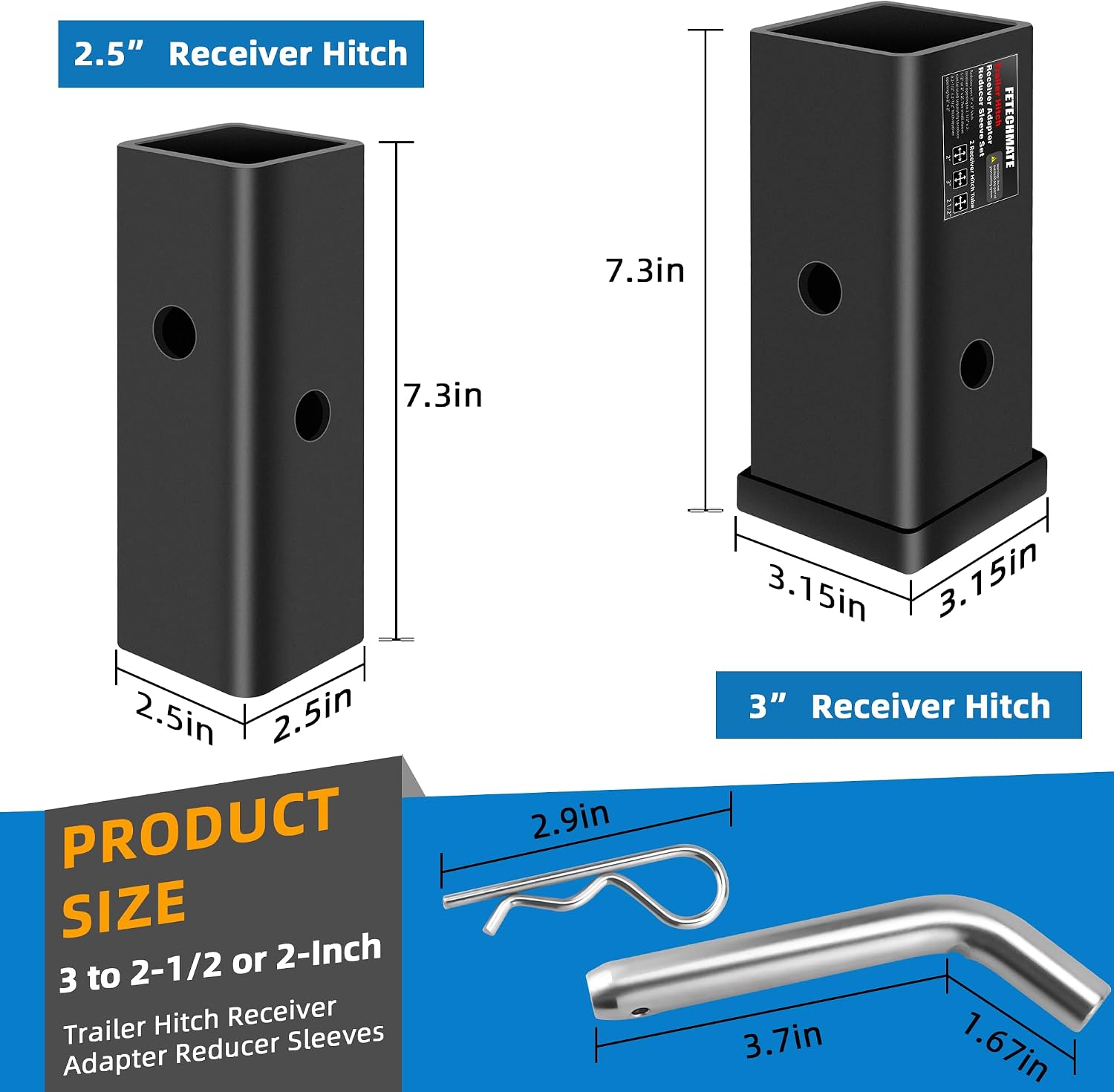 3" 2.5" 2" Receiver Hitch Adapter Heavy Duty Carbon Steel Hitch Reducer Sleeve Set, Multi-Size Extender Trailer Hitch Receiver for Towing Accessories by Fetechmate, 3" to 2.5"/2", 2.5" to 2" Reducers